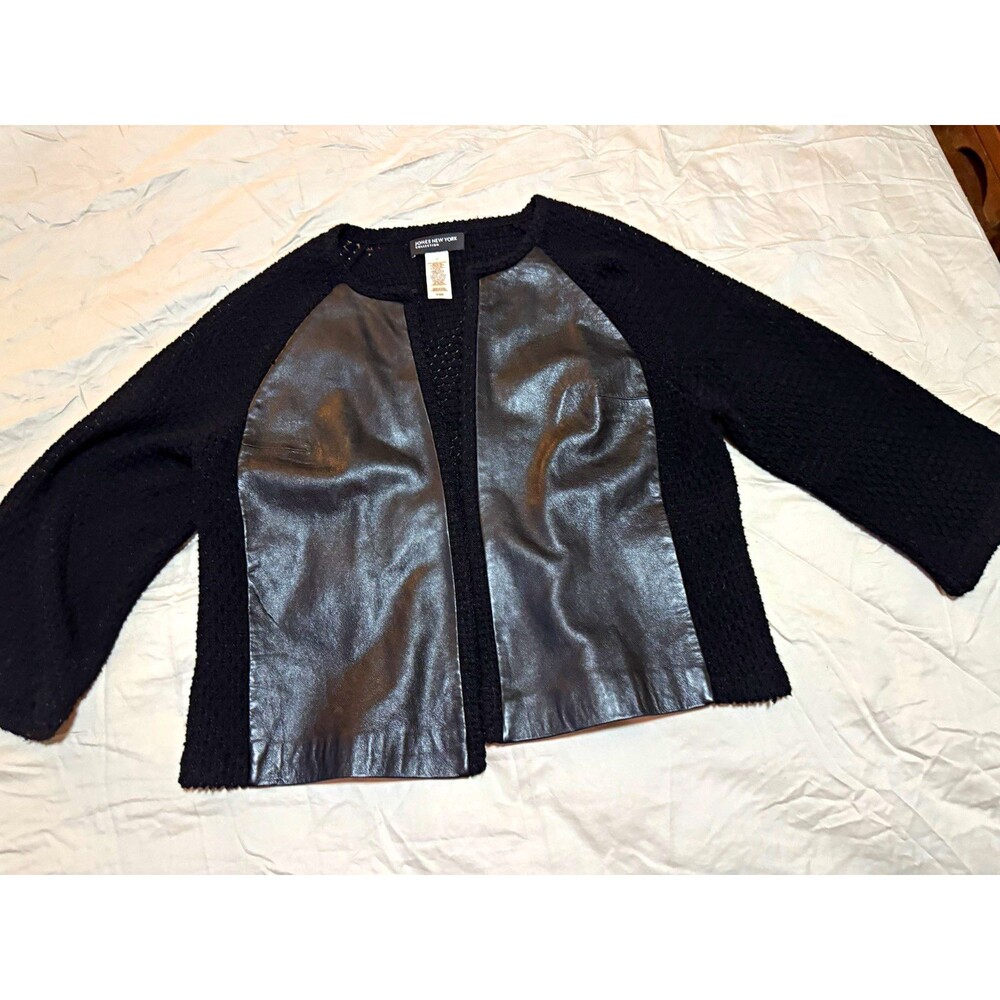 Jones New York Collection Womens L Black Genuine Leather Knit Cardigan Jacket